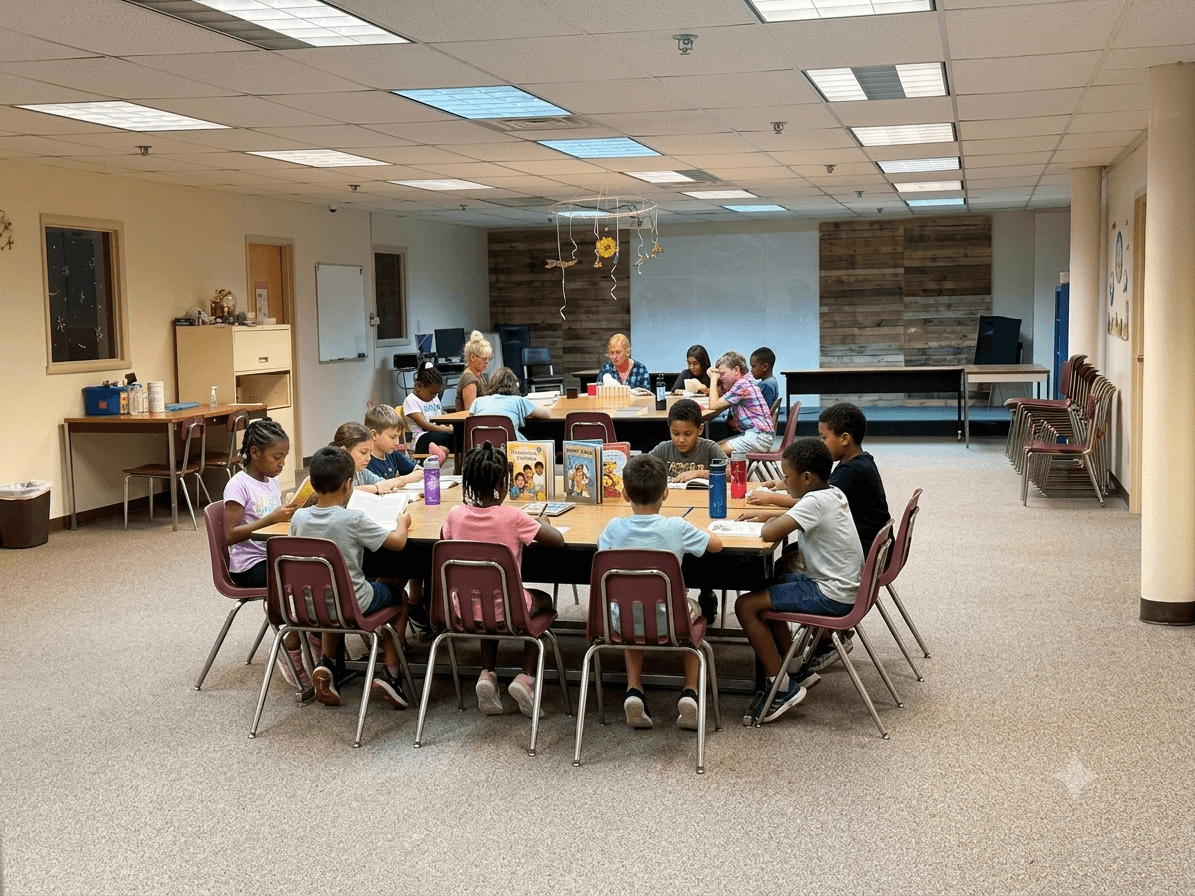 Children gathered around a table for Bible lesson time