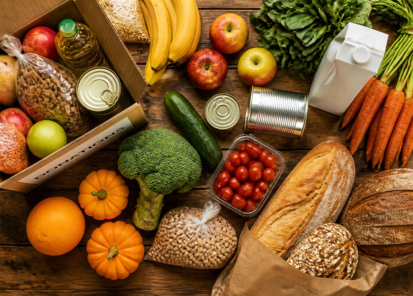 An overhead view of groceries — bread, produce, dairy, and canned goods