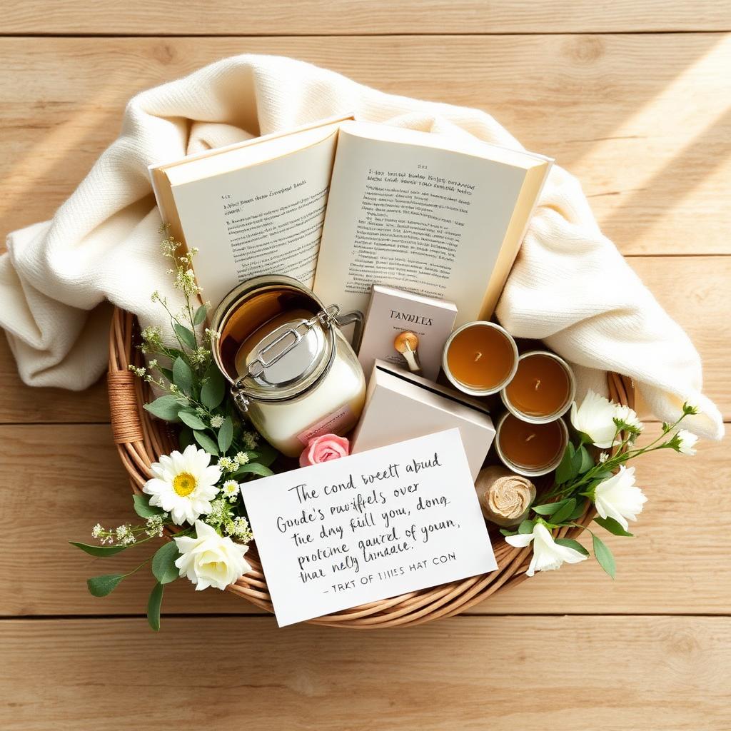 A carefully assembled care basket with a blanket, devotional, candles, and a handwritten note