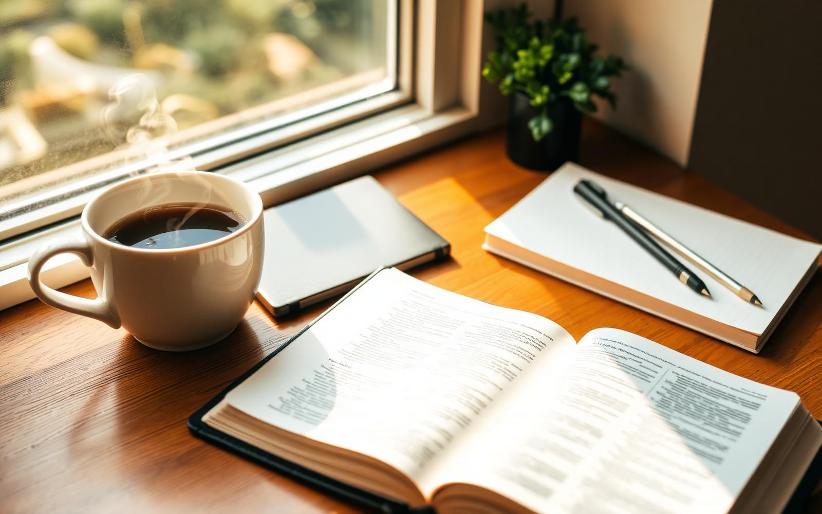 An open Bible, journal, and steaming coffee by a sunlit window