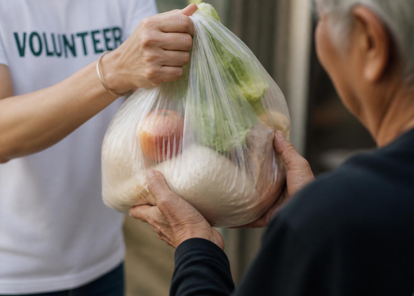 Volunteer handing a bag of groceries to a neighbor