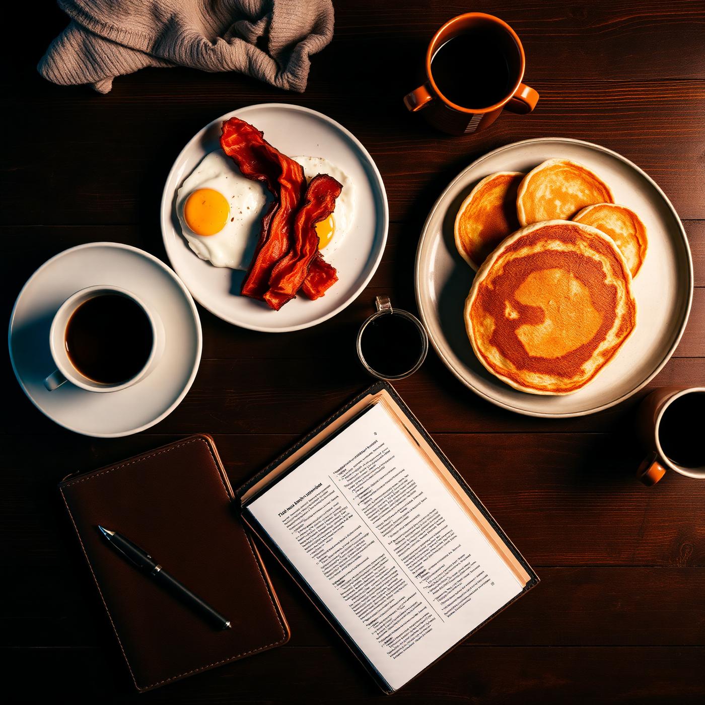 Overhead view of a hearty men's breakfast with eggs, bacon, pancakes, coffee, and an open Bible