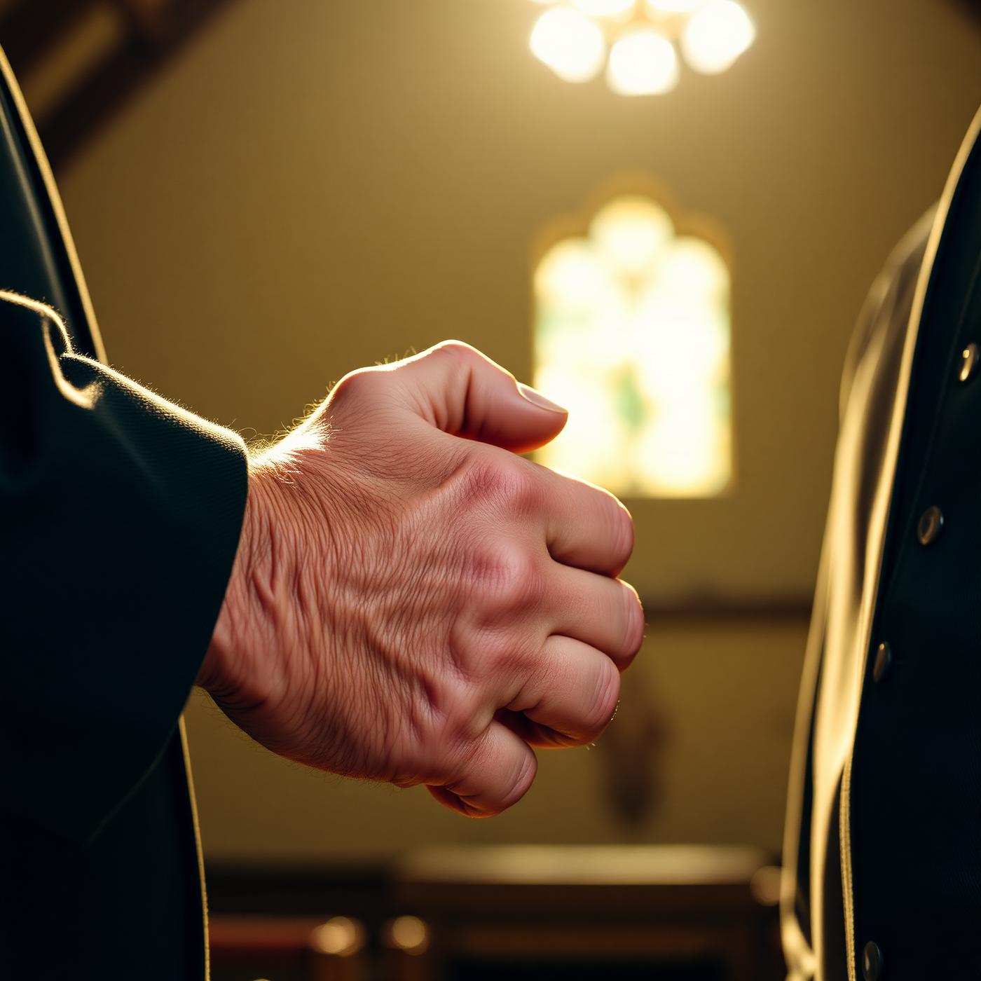 Close-up of two men clasping hands in prayer and encouragement inside the sanctuary