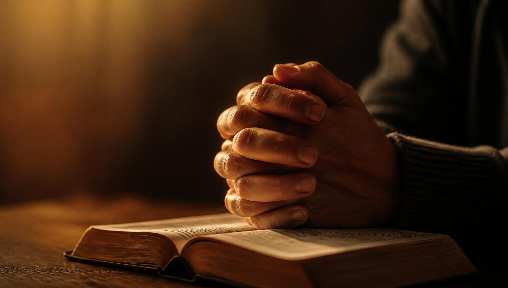 Hands folded in prayer resting on an open Bible